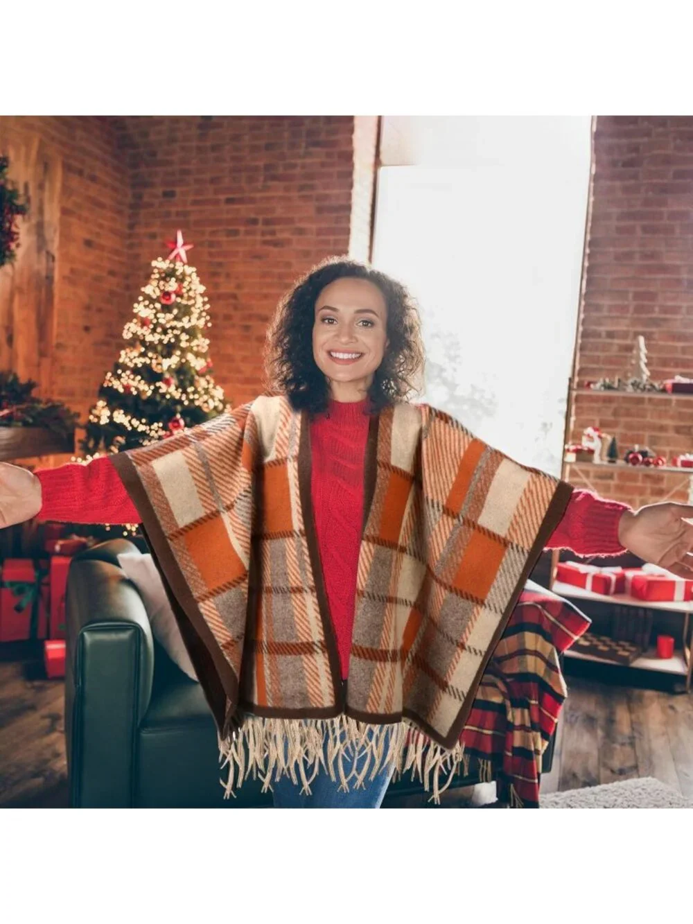 Cozy 3-Pack Christmas Poncho Shawl Wraps | Boho Plaid Soft Capes with Tassels